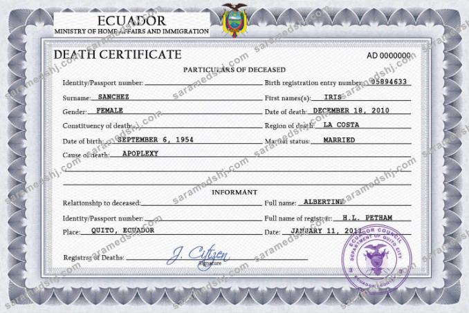 Ecuador vital record death certificate PSD template